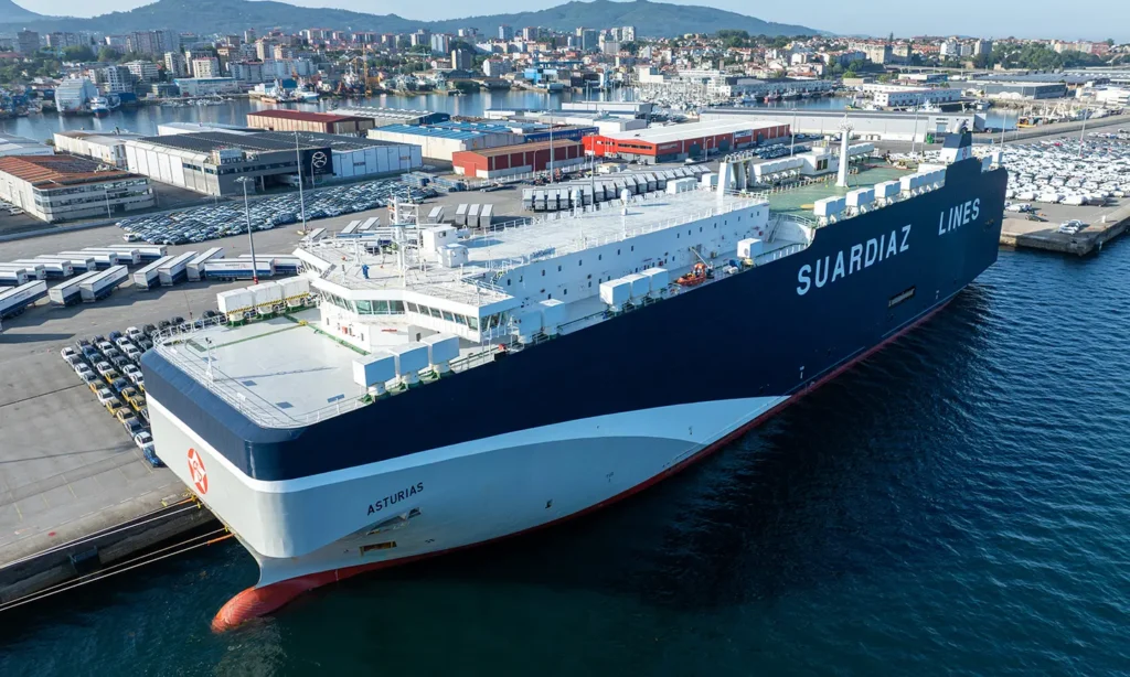 Vessel from Suardiaz Shipping Lines docked at port with ro-ro cargo
